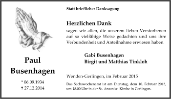 Traueranzeige von Paul Busenhagen von Tageszeitung