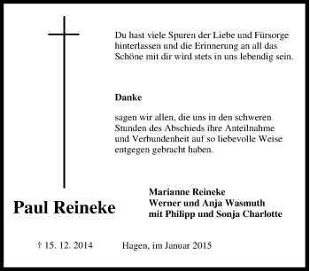 Traueranzeige von Paul Reineke von Tageszeitung