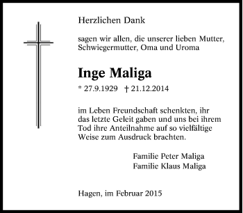 Traueranzeige von Inge Maliga von Tageszeitung