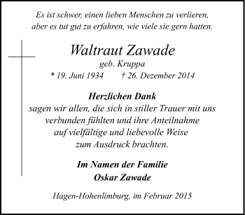 Traueranzeige von Waltraut Zawade von Tageszeitung