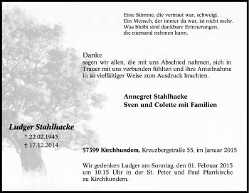Traueranzeige von Ludger Stahlhacke von Tageszeitung