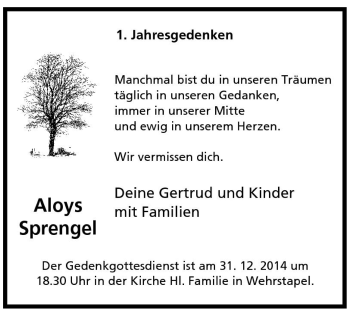Traueranzeige von Aloys Sprengel von Tageszeitung