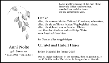 Traueranzeige von Anni Nolte von Tageszeitung