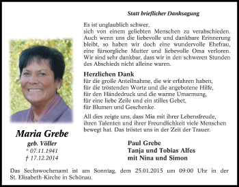 Traueranzeige von Maria Grebe von Tageszeitung