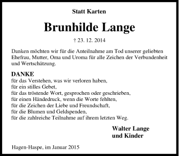 Traueranzeige von Brunhilde Lange von Tageszeitung