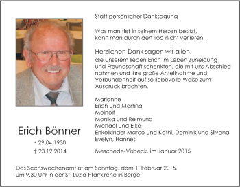 Traueranzeige von Erich Bönner von Tageszeitung