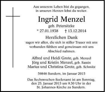 Traueranzeige von Ingrid Menzel von Tageszeitung