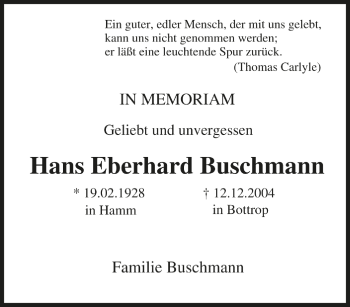 Traueranzeige von Hans Eberhard Buschmann von Tageszeitung