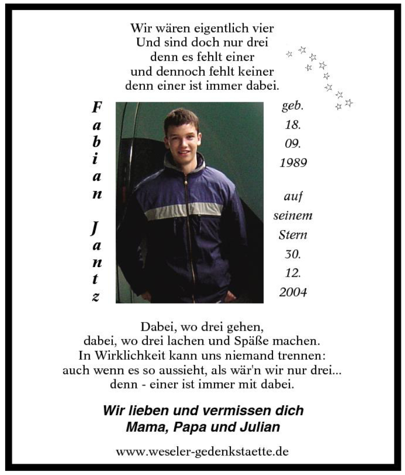  Traueranzeige für Fabian Jantz vom 30.12.2014 aus Tageszeitung