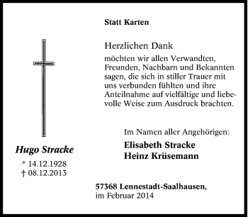 Traueranzeige von Hugo Stracke von Tageszeitung