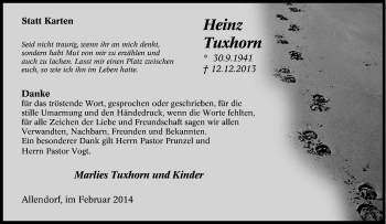 Traueranzeige von Heinz Tuxhorn von Tageszeitung