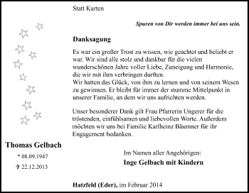 Traueranzeige von Thomas Gelbach von Tageszeitung