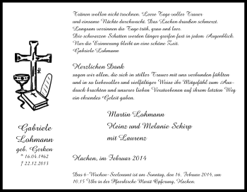 Traueranzeige von Gabriele Lohmann von Tageszeitung