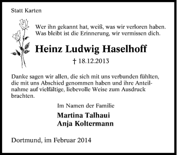 Traueranzeige von Heinz Ludwig Haselhoff von Tageszeitung