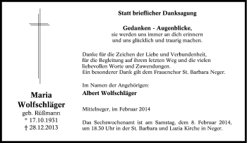 Traueranzeige von Maria Wolfschläger von Tageszeitung
