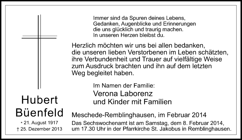  Traueranzeige für Hubert Büenfeld vom 03.02.2014 aus Tageszeitung