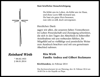 Traueranzeige von Reinhard Wirth von Tageszeitung