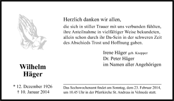 Traueranzeige von Wilhelm Häger von Tageszeitung