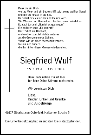 Traueranzeige von Siegfried Wulf von Tageszeitung