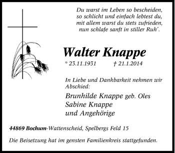Traueranzeige von Walter Knappe von Tageszeitung