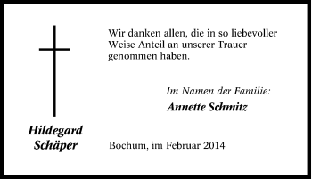 Traueranzeige von Hildegard Schäper von Tageszeitung