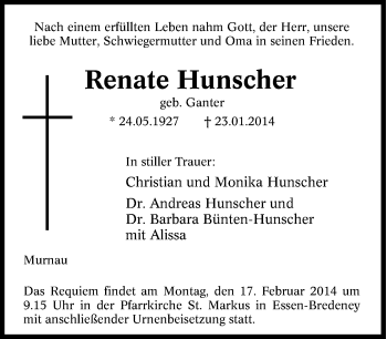 Traueranzeige von Renate Hunscher von Tageszeitung