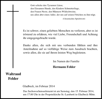 Traueranzeige von Waltraud  Felder von Tageszeitung