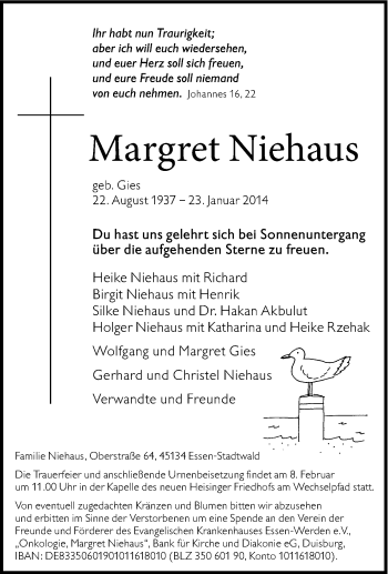Traueranzeige von Margret Niehaus von Tageszeitung