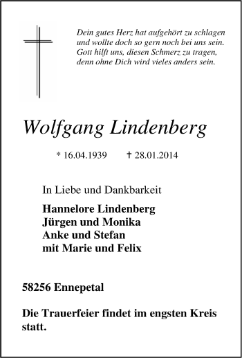 Traueranzeige von Wolfgang Lindenberg von Tageszeitung
