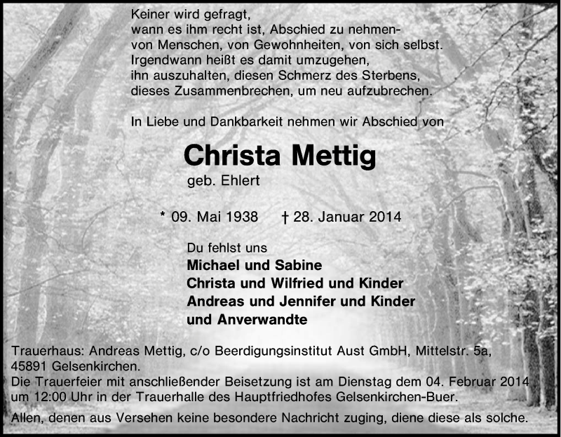  Traueranzeige für Christa Mettig vom 01.02.2014 aus Tageszeitung