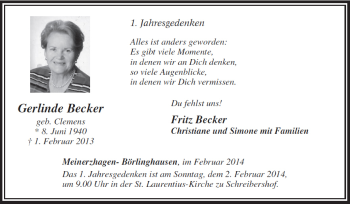 Traueranzeige von Gerlinde Becker von Tageszeitung