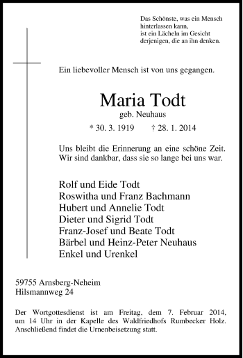 Traueranzeige von Maria Todt von Tageszeitung