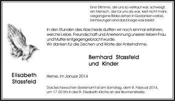 Traueranzeige von Elisabeth Stassfeld von Tageszeitung