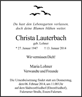 Traueranzeige von Christa Lauterbach von Tageszeitung