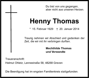 Traueranzeige von Henny Thomas von Tageszeitung