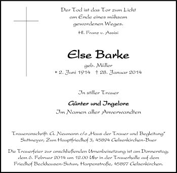 Traueranzeige von Else Baie von Tageszeitung