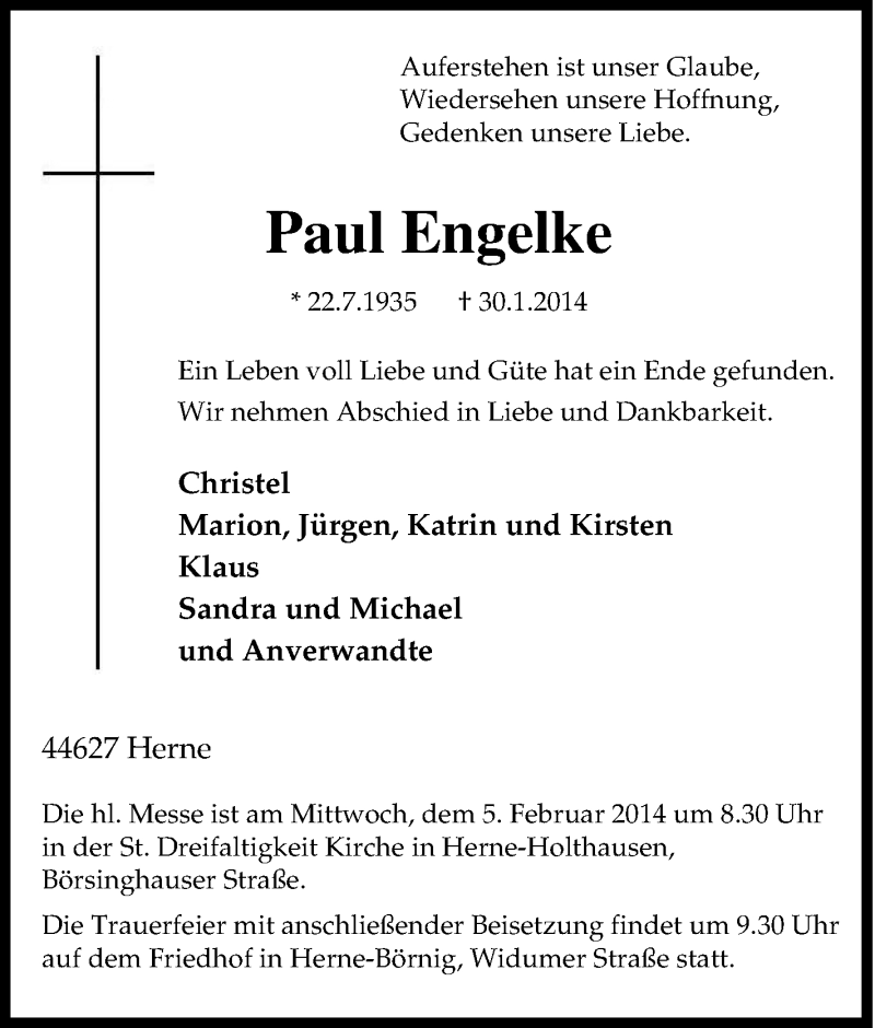  Traueranzeige für Paul Engelke vom 01.02.2014 aus Tageszeitung