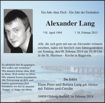 Traueranzeige von Alexander Lang von Tageszeitung