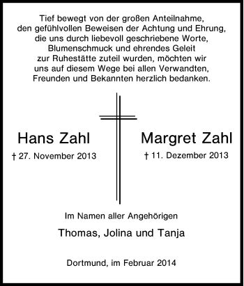 Traueranzeige von Hans und Margret Zahl von Tageszeitung
