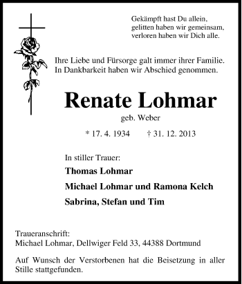 Traueranzeige von Renate Lohmar von Tageszeitung