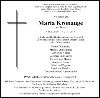 Traueranzeige von Maria Kronauge von Tageszeitung
