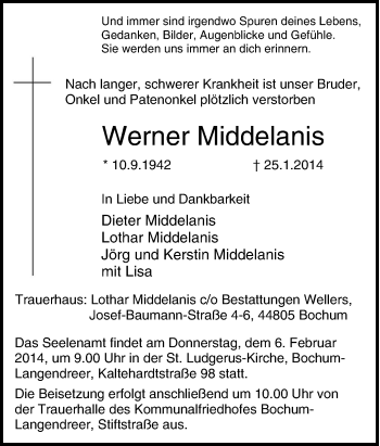 Traueranzeige von Werner Middelanis von Tageszeitung