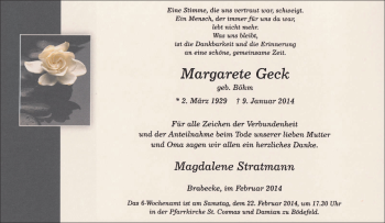 Traueranzeige von Margarete Geck von Tageszeitung