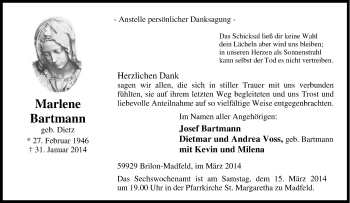Traueranzeige von Marlene Bartmann von Tageszeitung