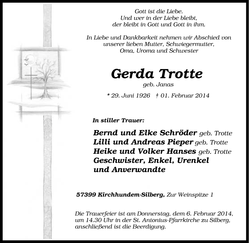  Traueranzeige für Gerda Trotte vom 03.02.2014 aus Tageszeitung