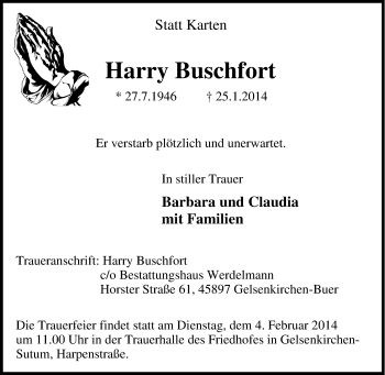 Traueranzeige von Harry Buschfort von Tageszeitung