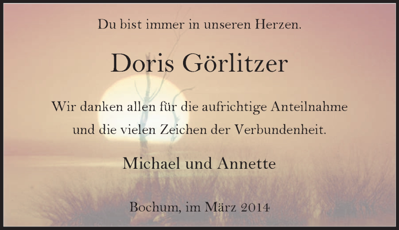  Traueranzeige für Doris  Görlitzer  vom 07.02.2014 aus Tageszeitung