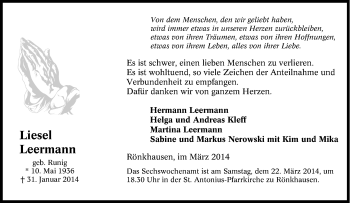 Traueranzeige von Liesel Leermann von Tageszeitung