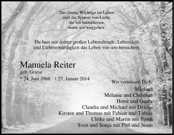 Traueranzeige von Manuela Reiter von Tageszeitung