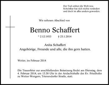 Traueranzeige von Benno Schaffert von Tageszeitung